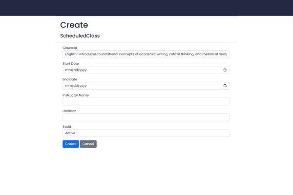 Add New Scheduled Class Page Screenshot of SAT Project